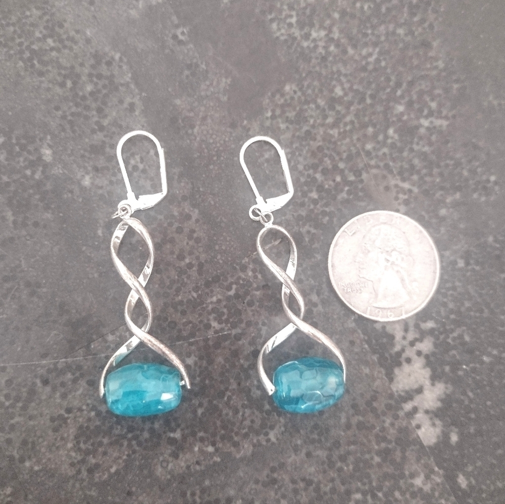 Silver and Blue Dragon's Veins Twisted Earrings - Picture 2 of 2